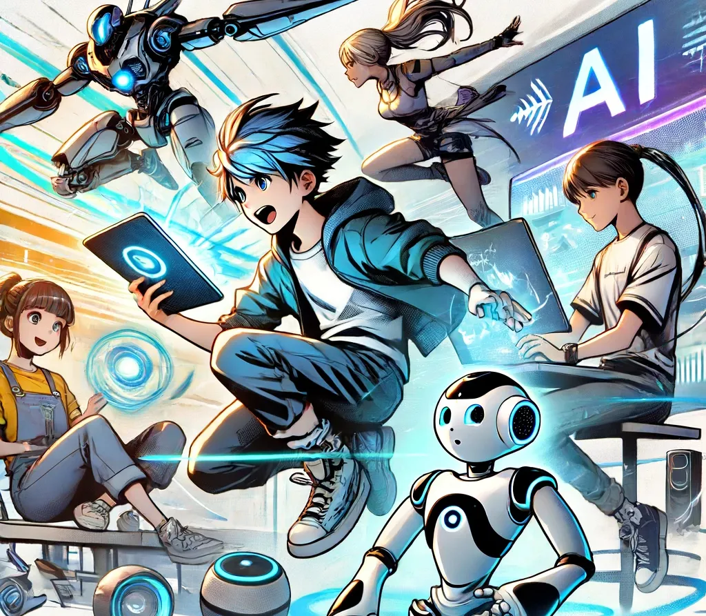 A dynamic and stylish illustration in a cool shonen manga style, showing children interacting with AI